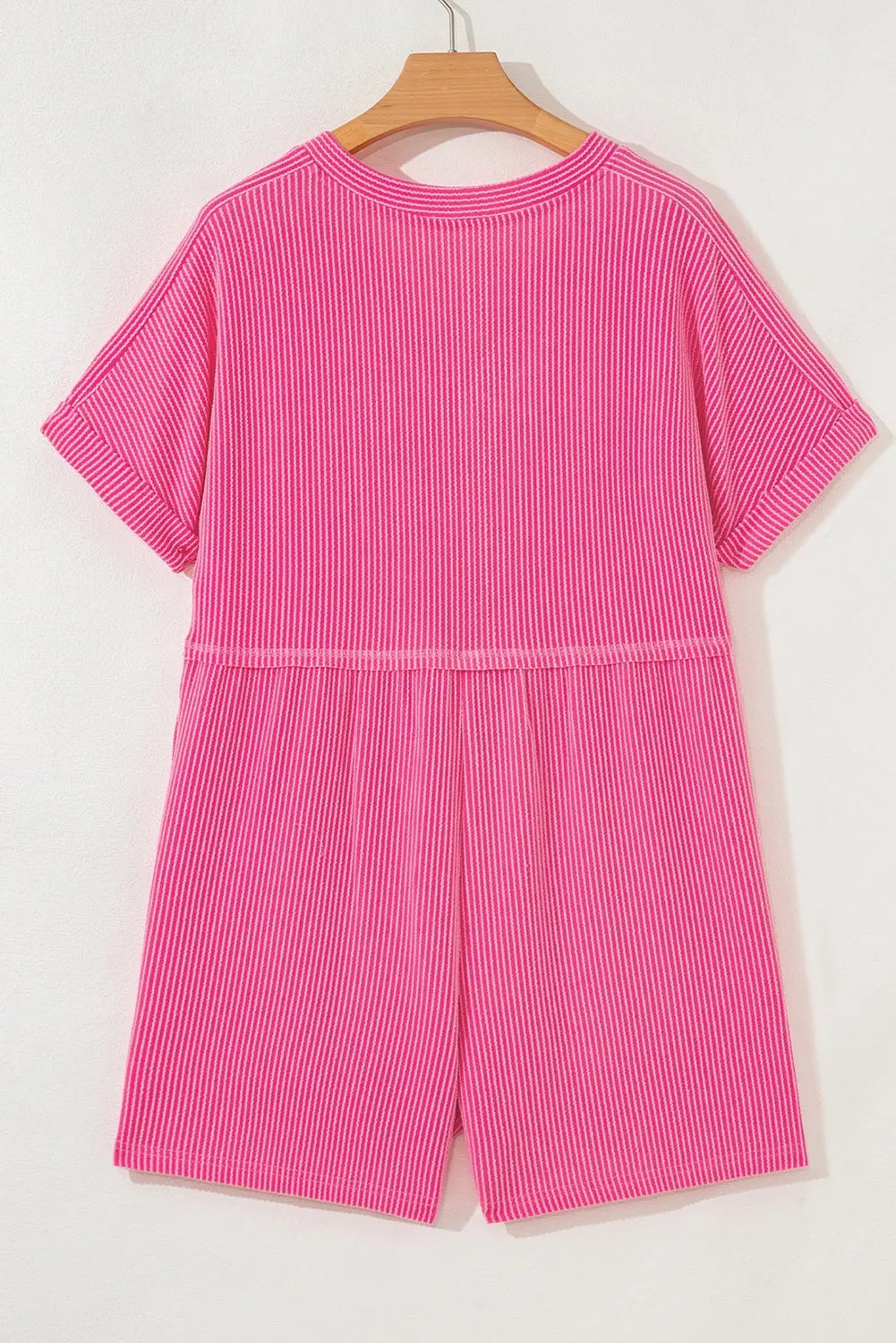 Bright Pink Spiral Ribbed Short Sleeve V Neck Buttoned Romper with Pocket Love Salve